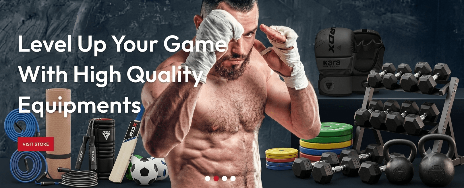 "Agrawal Sports banner showing an athlete with gym weights, MMA gloves, cricket bat, football, and fitness gear with a Visit Store button."